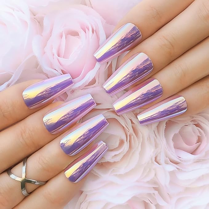 Hypnaughty 24 Pcs Party Star Chrome Coffin Medium Long Press On Nails and Glue Reflective Mirror False Nails (Party Star)