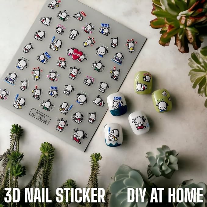 Anime Nail Stickers 5D 3D Embossed Japanese Kawaii Nail Art Decals for Unisex DIY Nail Design, Self Adhesive Dog Stickers for Natural Gel Press On Nails, Cute Otaku Cosplay Gift Pink (Dog)