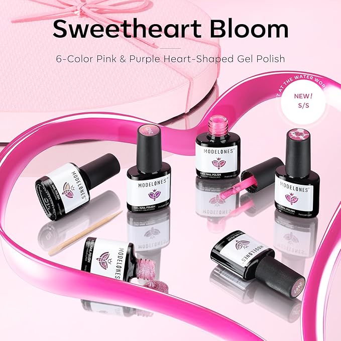 modelones Gel Nail Polish Set, 6 Colors Valentine's Day Pink Gel Polish Glitter Hot Pink Purple Shades Mermaid Love-heart Glitter Gel Polish Shimmer Galaxy Soak Off Nail Art DIY Gift For Women Girl
