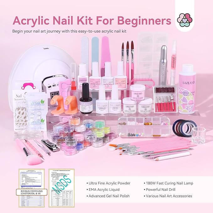 SAVILAND Acrylic Nail Kit for Beginners & One-Step Gel Nail Polish Kit: Lilac Haze 5-In-1 Cat Eye Gel Polish with U V LED Nail Lamp Magnet