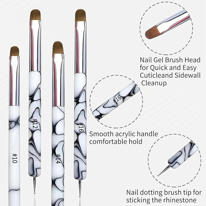 4Pcs French Tip Brush, Double-Ended French Brushes for Nails with Dotting Tool, Clean Up Brush for Gel Nail Polish, Size 10/12/14/16, Acrylic Nail Art Brushes, Manicure Tools for Nail Design-White