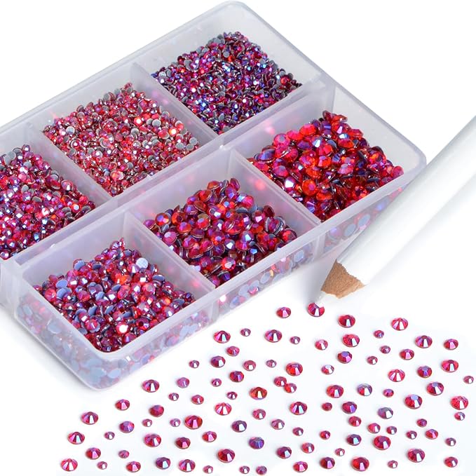 NCB Hotfix Iron on 8000pcs Crystal Rhinestones Round Gem for Crafts Decoration DIY Jewelry Making with a Picking Pen (Siam AB, 6Sizes SS3-SS12)