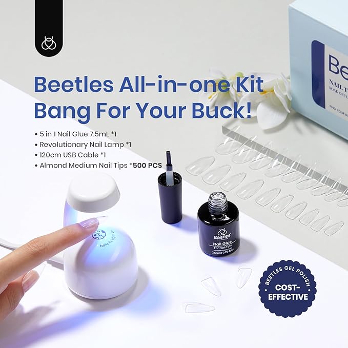 Beetles Gel Nail Kit Clear, Almond Medium, 500pcs 10 Sizes, with 9 in 1 Glue Mini Nail Lamp, Fall Nails, Full Cover Easy Nail Extension Set for Home DIY Salon Gift for Girls