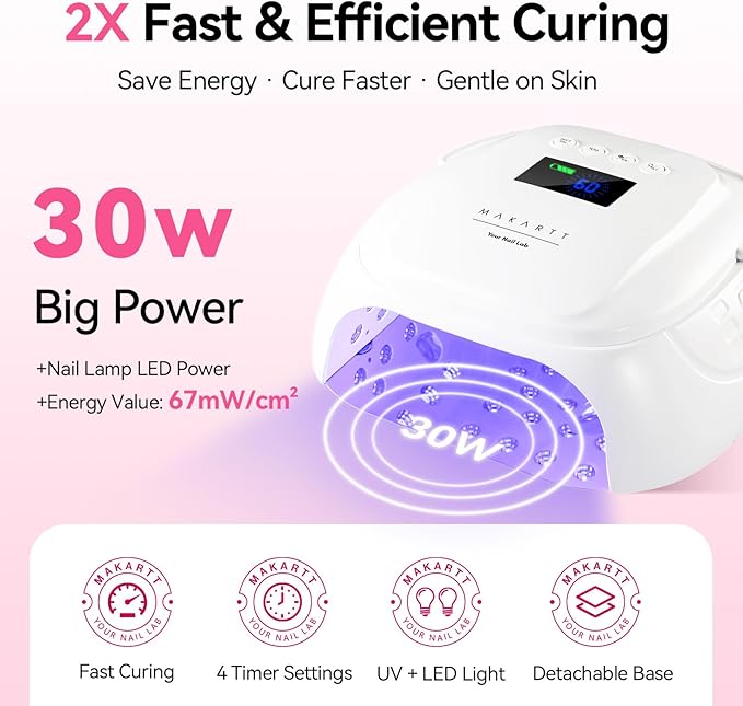 Makartt UV Nail Lamp – 30W Fast Curing UV Light with Handle Rechargeable Cordless Nail Dryer for Gel Nail Polish with 45 Beads Dual Lights 4 Timers LCD Smart Sensor for Nail Art Design(White)