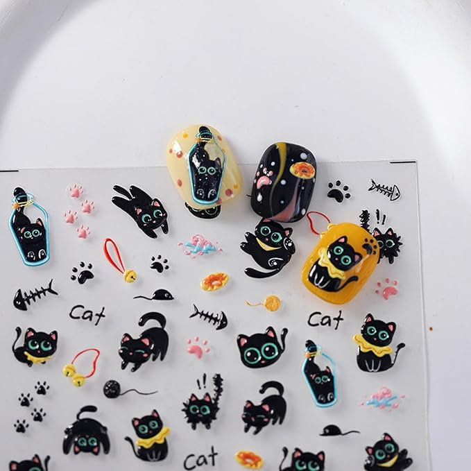 Dedyel 5D Embossed Cute Cat Nail Art Stickers Cartoon Kawaii Design Anime Self Adhesive Nail Stickers for Women Kids Girls Nails Art Decorations