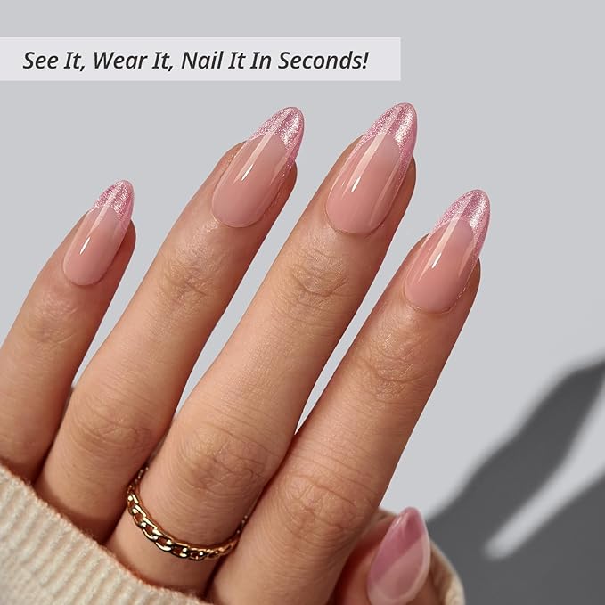 BTArtbox Press On Nails Medium - Pink Frosting, Lamp-Curable Almond Cat Eye French Tip Press On Nails with Glue and Adhesive Tabs for Women, Soft Gel Glue On Nails in 15 Sizes - 30 Stick On Nails Kit