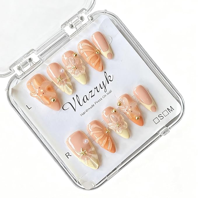 Handmade Press On Nails, Medium Almond Fake Nails with 3D Flowers & Metal Charms, Reusable Full Cover Acrylic Nails,Luxury Orange-Yellow Gradient French Tips for Women.(10PCS)