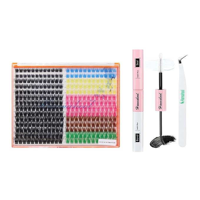 28Rows,wholesale Pack Mixed Black and Colorful Wide Stem Cluster Eyelashes Kit 2 in 1 Bond&Seal+ 1pcs Tweezer Grafting D Curl Individual False Eyelashes Home DIY Eye Lash(Color-C10-12-14-16-18MM MIX)