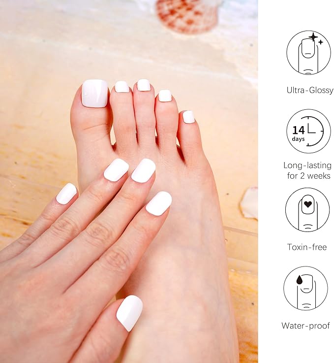 DANNI & TONI Semi Cured Gel Toenail Strips White (White Topaz) Gel Toenail Stickers Glazed Pedi Strips 37 Stickers