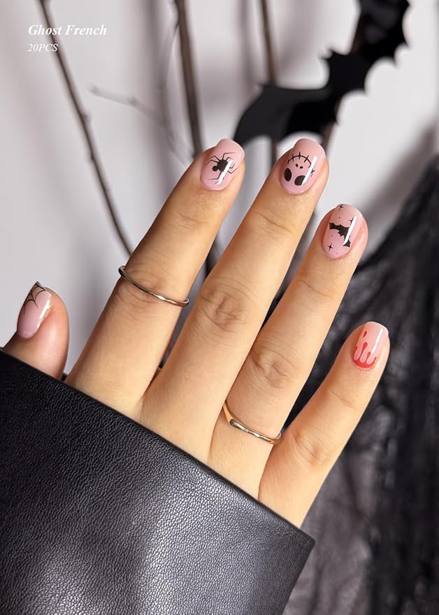 Semi Cured Gel Nail Strips (Trick or Treat), Halloween, Bat Skull Pumpkin, 20 Pcs Pink Gel Nail Wraps, Stickers, Salon Quality, Works With Any UV Lamps