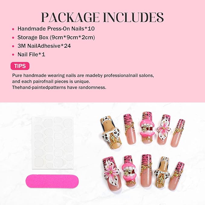 Handmade Press on Nails Long Square Fake Nails Leopard Print French Tip False Nails with Charms Pink 3D Lips Designs Acrylic Press Ons Luxury Reusable Glue on Nail for Women DIY 10Pcs (Size M)
