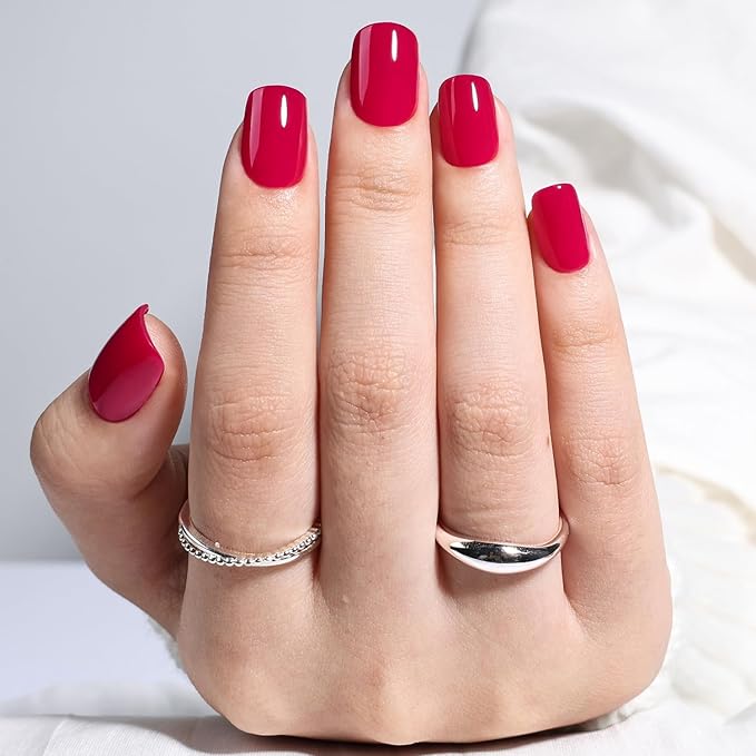 Press on Nails - Short Square Rose Pink Nails Press ons for Women, Reusable Glossy Finish Glue On Nails 30 Pcs 15 Sizes Fake Nails Kit with Glue, Berry Rose