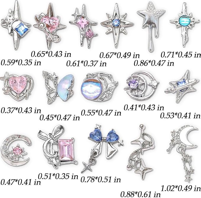 16 Styles Luxury Moon Star Nail Charms for Acrylic Nails Alloy Rhinestone Star Moon Nail Art Charms 3D Bow Butterfly Silver Nail Charms Y2k Nail Accessories Metal Nail Jewels for Nail Art Supplies