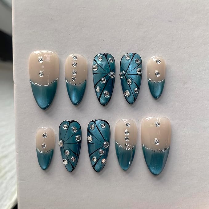 Women Press On Nails - Medium Almond False Nails 10Pcs Luxury Handmade 3D Painting Art ABS Acrylic Artificial Fingernails (Size M)