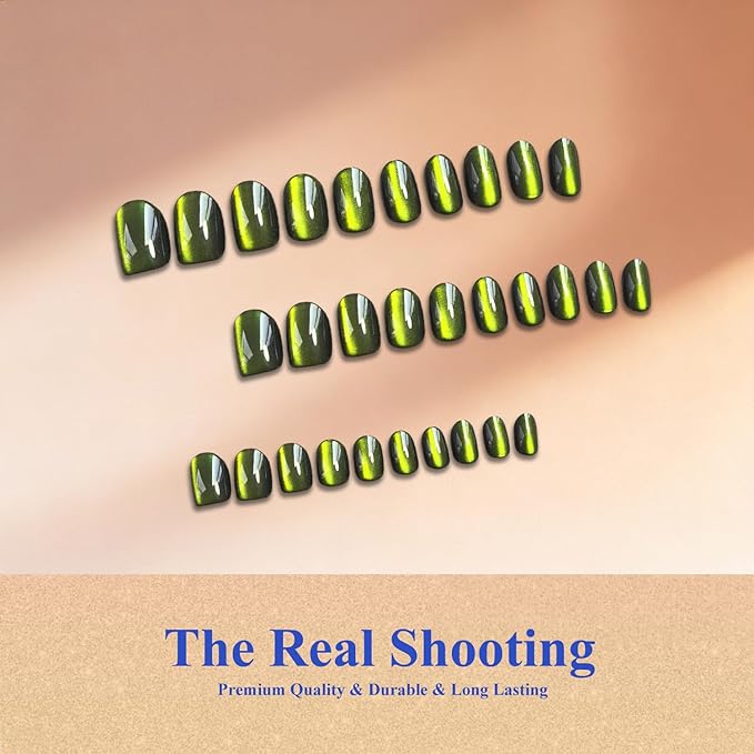 Cat Eye Press on Nails Short, Chrome Press on Nails Oval, Thick Glazed Black Neon Green Fake Nails Press ons for Women Party Prom, Reusable Glitter Glue On Nails Almond in 15 Sizes, 30 Pcs