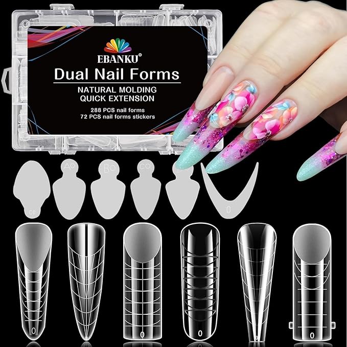 EBANKU 288PCS Poly Extension Gel Dual Nail Form, Stiletto Coffin Acrylic Nail Forms for French Nails, 76PCS Dual Forms French Sticker Silicone Pads, 6 Styles Scale for Manicure Extension