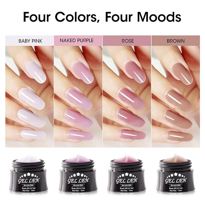 Gellen Builder Gel Kit - Nail Extension Kit 4 Colors Nude Baby Pink Naked Purple Rose Brown Hard Gel Nail Builder 15ml