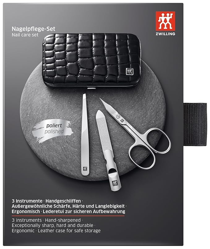 ZWILLING Beauty Classic INOX 4-pc Manicure Set with Black Crocodile Pattern Leather Case, Nail Care Complete Set