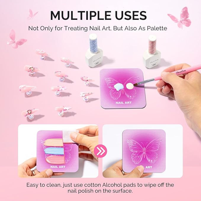 MelodySusie Nail Stand for Press Ons, Super Pink Metal Square With Butterfly Pattern Magnetic Base for Painting Display with Brush Holder And Reusable Double-Sided Tape for Home DIY Salon Supplies