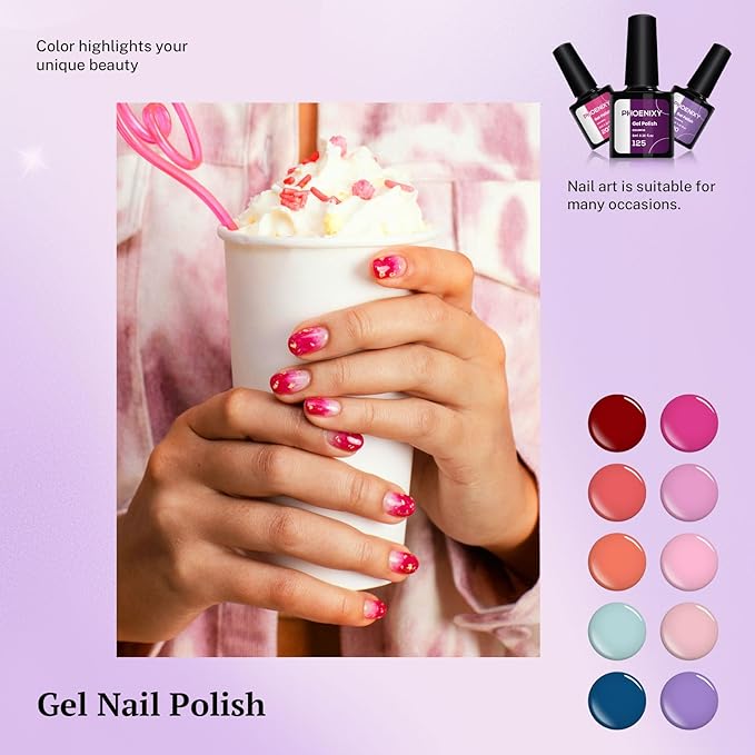PHOENIXY 24 PCS Gel Nail Polish Set, 21 Colors Gel Nail Polish Kit with Base Glossy Matte Top Coat Black Gray Red Valentine Nail Kit Gifts for Women
