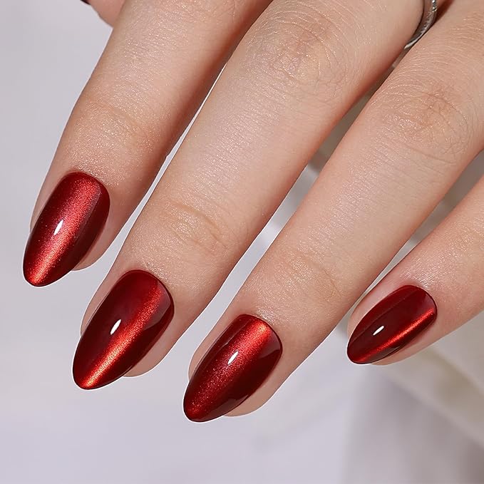 Red Magnet Cat Eyes Press on Nails Short Almond, Aurora Mirror Chrome Red Soft Gel Stick on Nails with Glue, 32pcs 16 Sizes Glossy Glitter Reusable Easy Salon Nail Manicure for Women Girls
