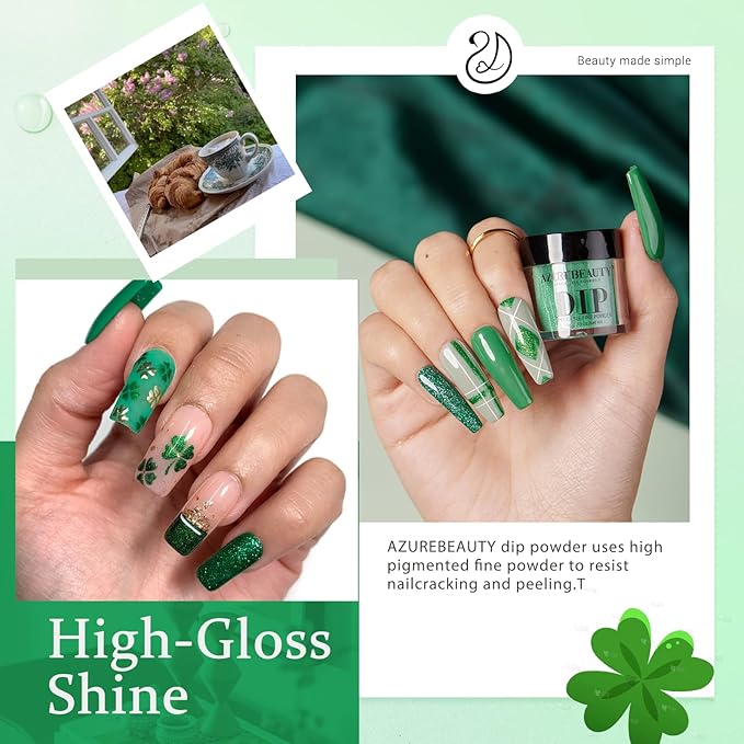 AZUREBEAUTY Dip Powder Nail Kit,St. Patrick's 6 Colors Glitter Green Forest,Dipping Powder Color French Nail Art Manicure DIY Salon Gifts for Women, No Need Nail Lamp Cured