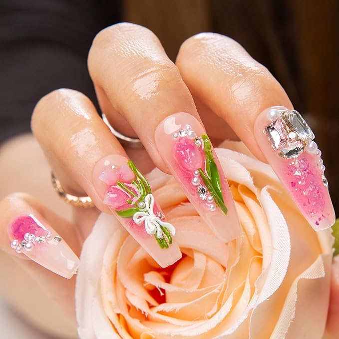 LOVFUL Press on Nails Blushing Tulips | Handmade with Full Covered Crystals | Reusable Full Cover Nails | Coffin Classic Regular 1.3 in | H459-M