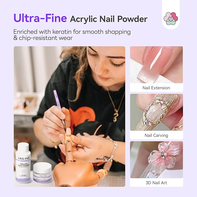 SAVILAND Acrylic Nail Kit for Beginners: 30g Clear Acrylic Powder and Liquid Set with #12 Nail Brush, Forms & Manicure Tools for Extensions DIY 3D Nail Art Sculpting Home Salon Use