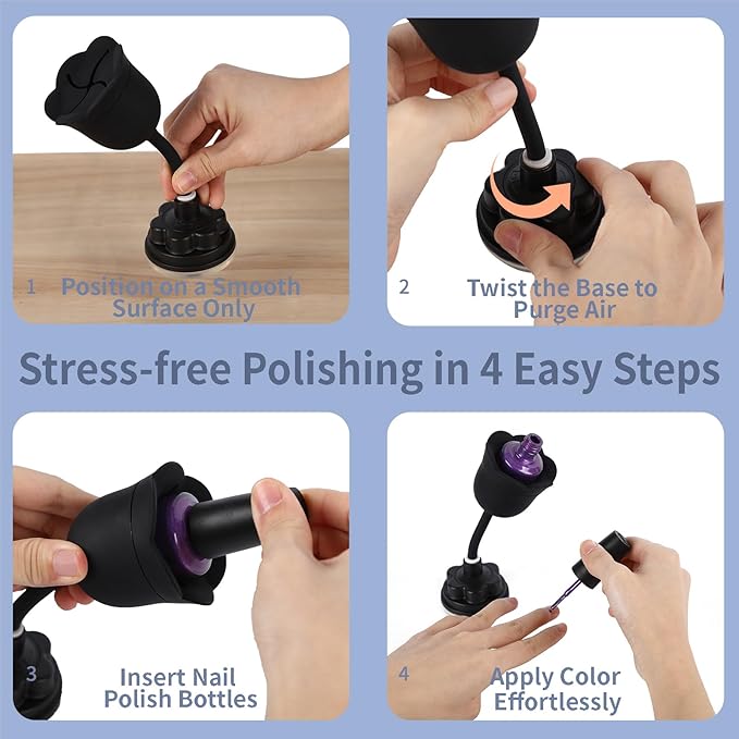 Nail Polish Bottle Holder, Rose-Shaped with 360° Rotating Stem, Tilted for No-Spill, Strong Suction Cup, All-Bottle Fit (Black)