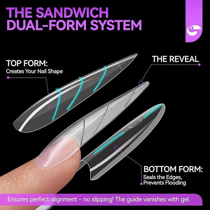 Gelike EC Nail Forms for Builder Gel: Reusable Almond Sandwich Dual Forms for Acrylic & Polygel - 240Pcs 15 Sizes, Nail mold for Flat & Arched Nails - Creates Short to Long Styles