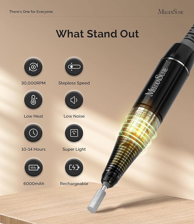 MelodySusie Entry-Level Clip-On Rechargeable Nail Drill, SC320H 30000RPM Popular Classic E-File with LCD Display for Manicure Shaping & Gel Removal, Perfect for Training, Nail Art Practice & Home Use