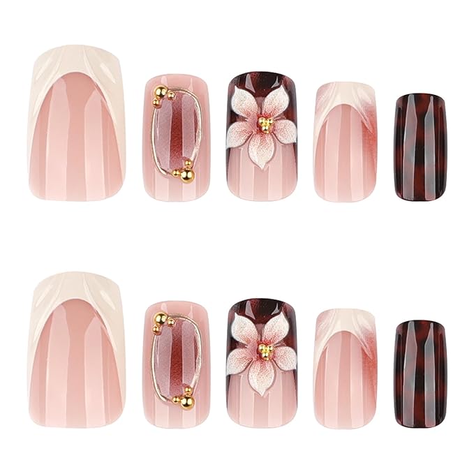 Press on Nails Short - Square Fake Nails with Ombre Flower Design - Brown, Leopard Print False Nails - for Women 24 Pcs