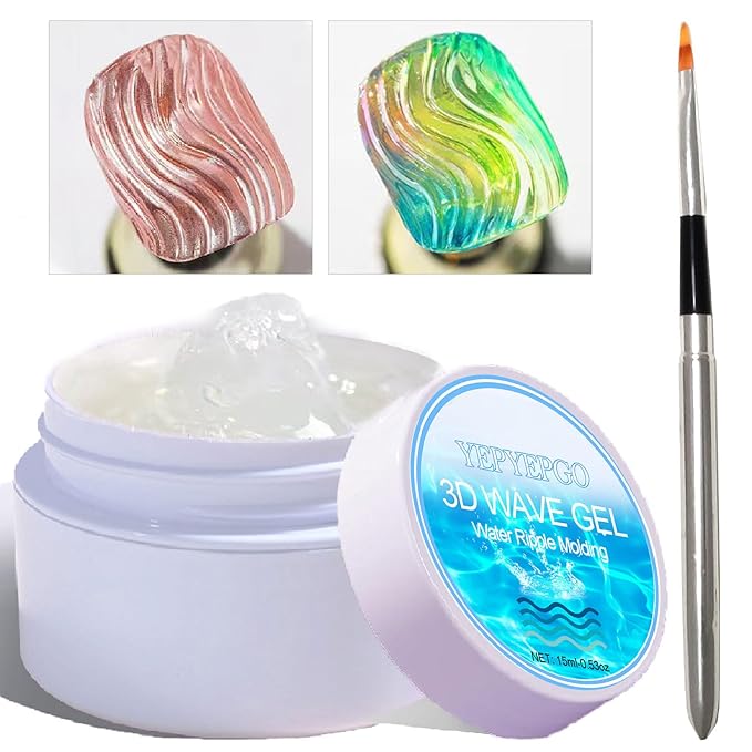 3D Texture Nail Gel with Pro Brush, 3D Wave Painting Craving Drawing Design Sculpture Gel Nail Art Glue for Rub Mirror Chrome Powder Salon Quality DIY at Home