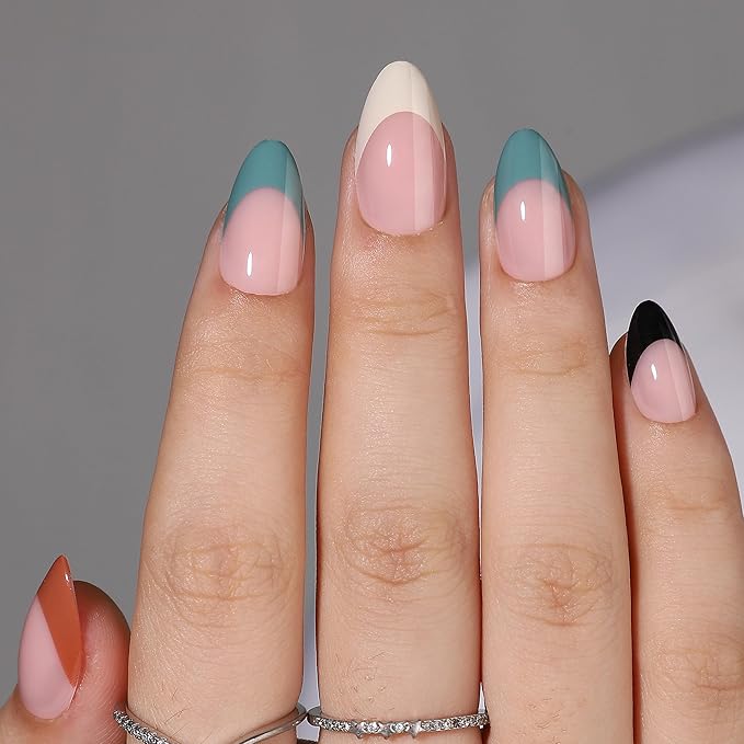 French Tip Press On Nails - Almond Short Fake Nails With Glue, 16 Sizes, 32Pcs Reusable Soft Gel False Tips Kit, Glue On Short Artificial Nail (Multicolor Tip)