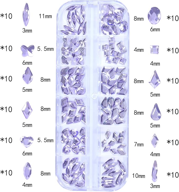 Nail Rhinestones - 3D Multi Shape Size, Flat Back, Crystals Manicure Rhinestones Charms, Light Purple Nail Gems, with Kit, for Nail Art, Bedazzling Acrylic Nails, DIY Decor