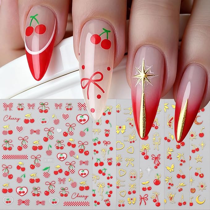 6 Sheets Cherry Nail Art Stickers 3D Valentines Nail Stickers Self-Adhesive Cute Cherries with Gold Heart Bow Nail Designs Supplies Summer Fruit Nails Decals for Women DIY Manicure Decor