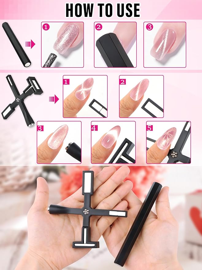 TOROKOM Cat Eye Magnet for Nails, 2-Pack 5 in 1 Nail Magnet Long Double-head Nail Polish Magnet Pens for Nail Art, Strong 3D Magnetic Nail Polish Magnets Nail Design Tools, Black