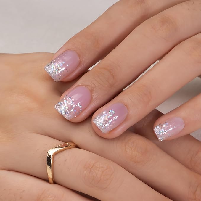 Curvlife Soft Gel Square Press on Nails Short, Shining French Nail Tips, 30pcs Full Cover Design Reusable Fake Nails Kit with Glue and Adhesive Tabs