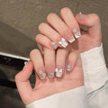 10PCS Luxury Handmade Press On Nails Nude Gradient Cat's Eye with Pearl Bow & Sparkling Rhinestones for Wedding & Party Reusable Almond Fake Nails Design Gift For Women and Girls (251101, M)
