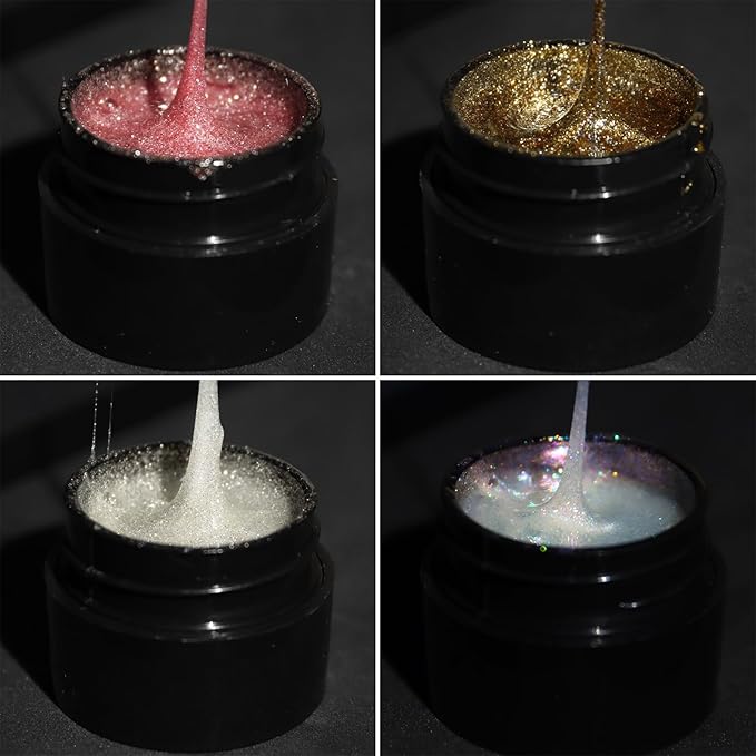 Reflective Glitter Spider Gel, 4 Colors Sparkle Diamond Sliver Gold Pink Elastic Spider Gel Polish, Nail Designs Paint Wire Drawing Gels Polish for Line DIY Manicure Home or Salon Use