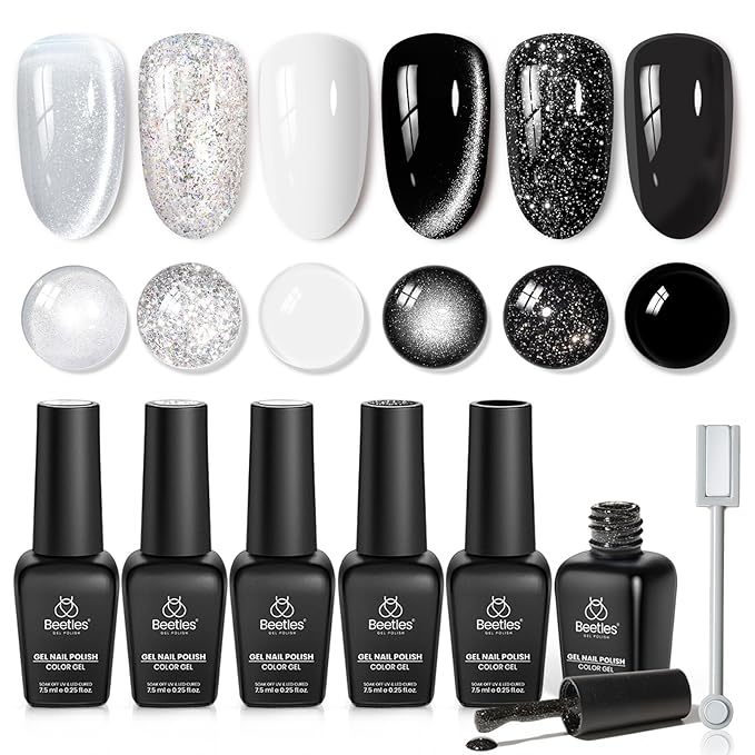 Beetles Gel Nail Polish Set - Twilight Gleam 6 Colors Cat Eye Glitter White Black Silver Shimmer Sparkle Gel Polish Kit with Magnet Soak Off Nail Art Uv Led Home Salon Spring Summer Gift for Women