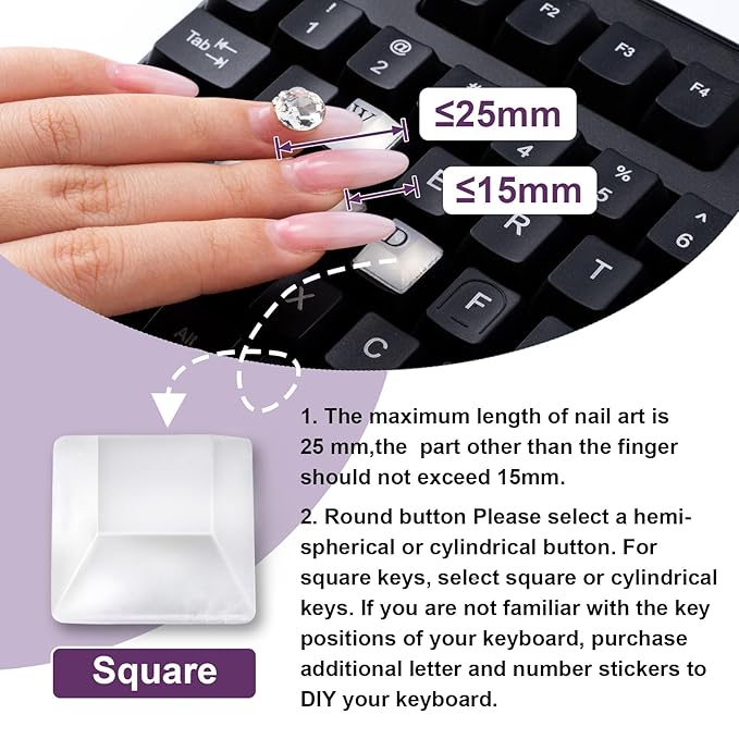 80pcs Raised Keyboard Sticker for Long Nails, Self-Adhesive Keycap Riser with Letter Decals, Silicone Keyboard Cover for Nail Art Typing Gaming- Clear