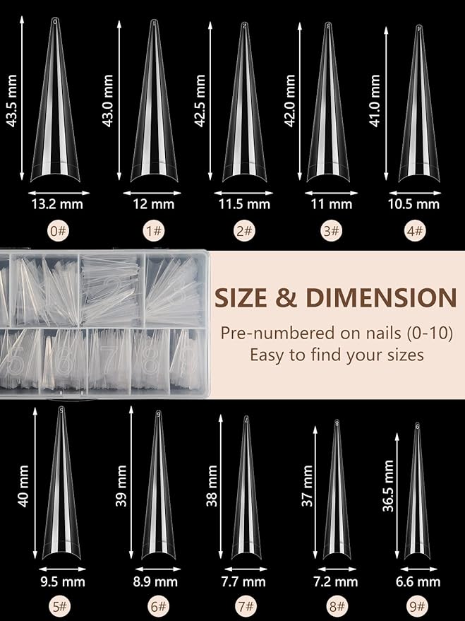500Pcs Stiletto Nail Tips for Acrylic Nails, XL Long Clear False Nails Tips Soft Traceless, Half Cover Tapered Square False Nail Tips for Nail Extension Nail Art, Home DIY Nail Salon 10 Sizes