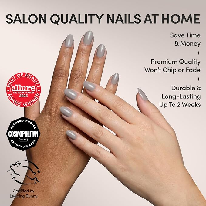 Glamnetic Press On Nails - Pure Gray | Opaque Light Gray Short Oval Fake Nails, Salon Quality | 15 Sizes - 30 Nail Kit