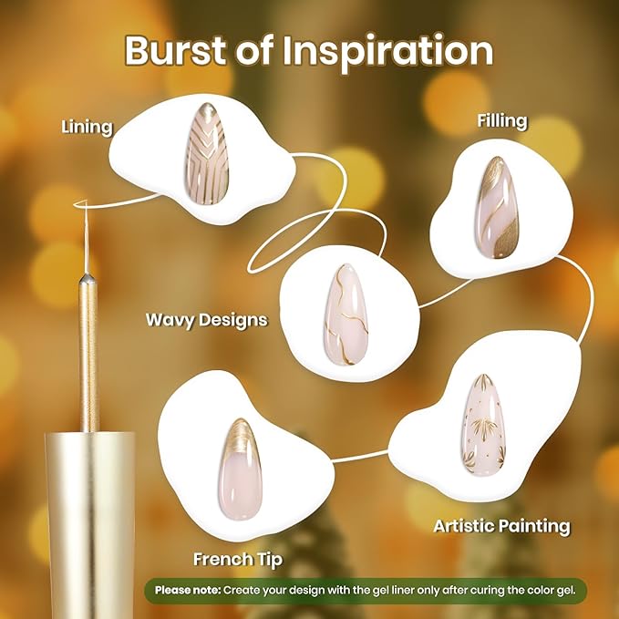 Beetles Gold Gel Liner Nail Polish 7ml Metallic French Tip 3D Mirror Effect Metal Painted Gel Polish Build in Thin Brush French Line Nail Art Soak off Uv Lamp Manicure Salon Gifts for Girls