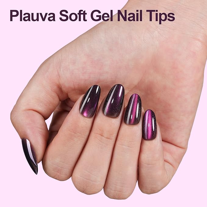 150Pcs Cat Eye Press on Nails, Plauva Short Oval Cat Eye Nail Tips, Glossy Glitter Fake Nails, Soft Gel Stick On Nails for Women and Girls 15 Sizes