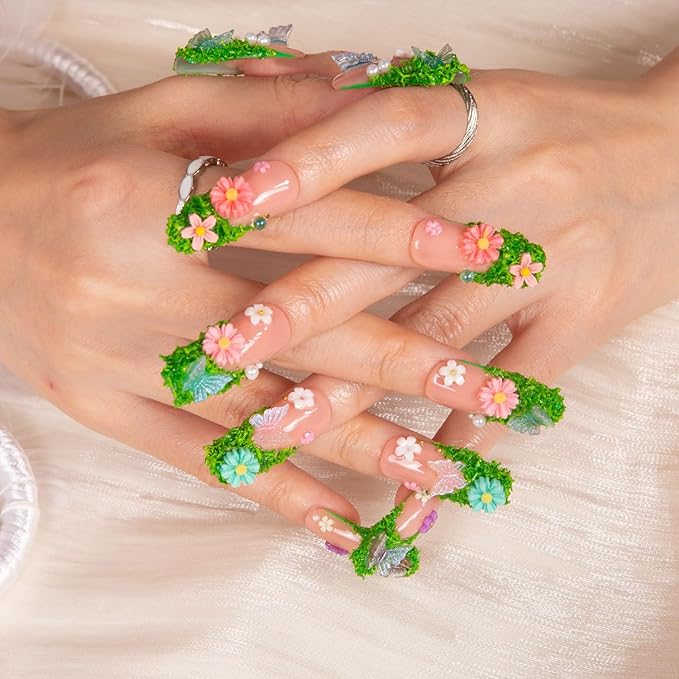 LOVFUL Press on Nails Fairy Tale Garden | Handmade with Full Covered Crystals | Reusable Full Cover Nails | Coffin Classic Regular 1.3 in | H151-M