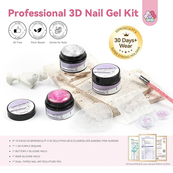 SAVILAND Solid Builder Nail Gel Kit: Aurora Silver Pink Clear 3D Sculpting Gel with Rose Flower Silicone Molds and Dual-Tip Carving Pen for 3D Nail Art Sculpture & Extensions, Home DIY Salon Manicure