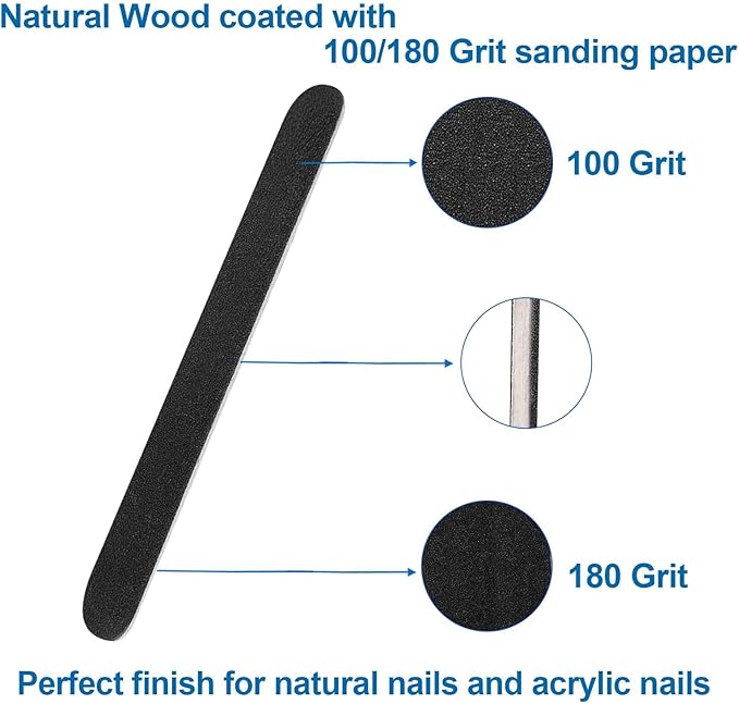 Emery Board Nail Files (50 Pack), 100/180 Grit Wooden Nail File for Natural Nails, 7 Inches Emory Filers Manicure Tool Set Disposable Nail File for Home Salon Black
