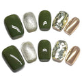 COOLYOUNG Olive Green Gold Glitter Press On Nails Salon Quality Short Reusable Artificial Nails with Cat Eye, 25 PCS Handmade Nails